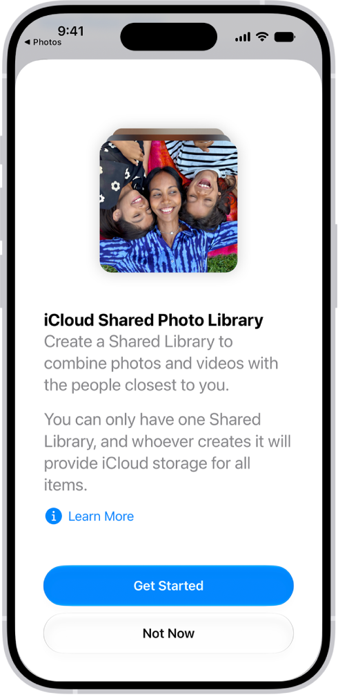 An iPhone showing the Get Started Screen for creating an iCloud Shared Photo Library.