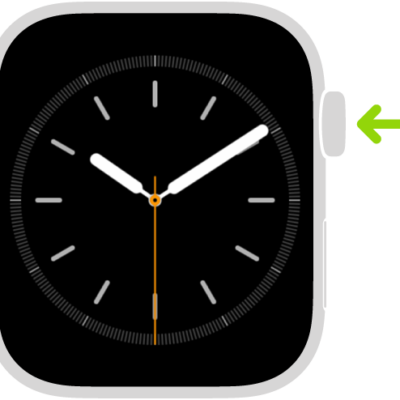 Illustration of Apple Watch with an arrow pointing to the Digital Crown at upper right.