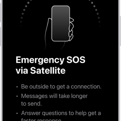 The Emergency SOS screen, showing that the phone is connected and instructing the user to keep pointing at the satellite. The Report Emergency button is at the bottom of the screen.