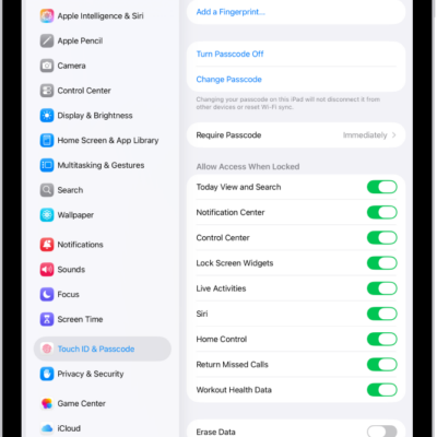 Face ID & Passcode settings, with options for allowing access to specific features when iPad is locked.
