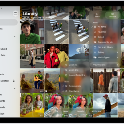 The Photos app is open and the Library tab is selected in the sidebar. The Sort and Filter button at the top of the screen is selected, showing Sort and Filter options for viewing the library contents.