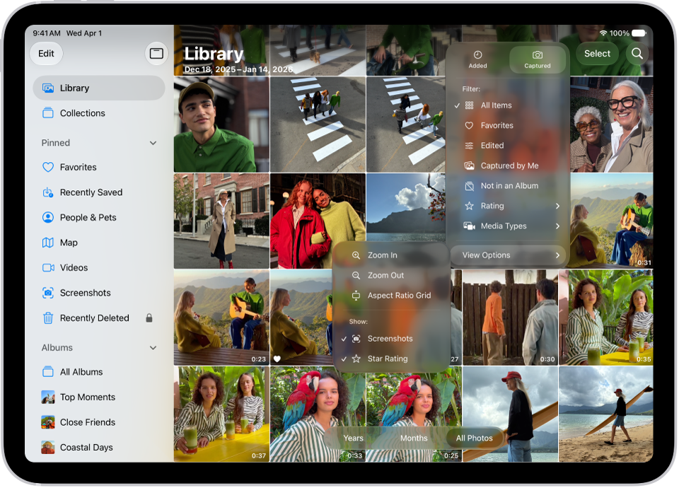The Photos app is open and the Library tab is selected in the sidebar. The Sort and Filter button at the top of the screen is selected, showing Sort and Filter options for viewing the library contents.
