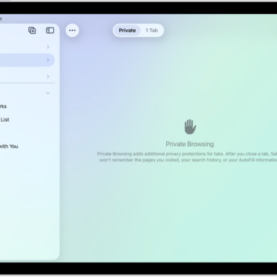 The Safari sidebar on the left side of the Safari window is open, with Private selected. On the right is an explanation that Safari won't remember your browsing.