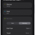 The Fitness Custom Workout screen showing warmup, work, and recovery intervals. At the bottom of the screen are buttons to add a step, repeat an interval, and reorder intervals.