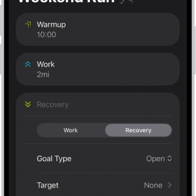 The Fitness Custom Workout screen showing warmup, work, and recovery intervals. At the bottom of the screen are buttons to add a step, repeat an interval, and reorder intervals.