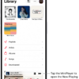 The Library tab, showing the MiniPlayer near the bottom. The MiniPlayer shows the title of the song that's playing. The Pause and Next Track buttons are to the right of the song title. Tap the MiniPlayer to open the Now Playing screen.