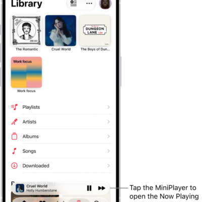 The Library tab, showing the MiniPlayer near the bottom. The MiniPlayer shows the title of the song that's playing. The Pause and Next Track buttons are to the right of the song title. Tap the MiniPlayer to open the Now Playing screen.