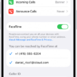 The FaceTime Settings screen, showing the Default Calling App option, the control to turn FaceTime on or off, and the phone number and email address where you can be reached.