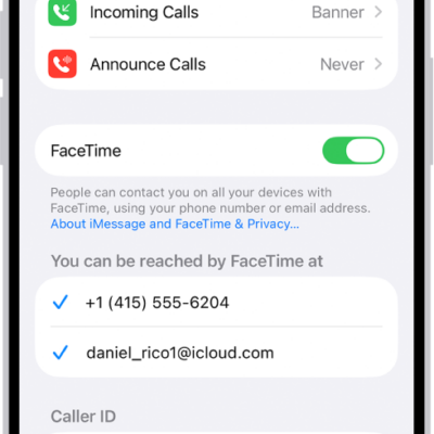The FaceTime Settings screen, showing the Default Calling App option, the control to turn FaceTime on or off, and the phone number and email address where you can be reached.