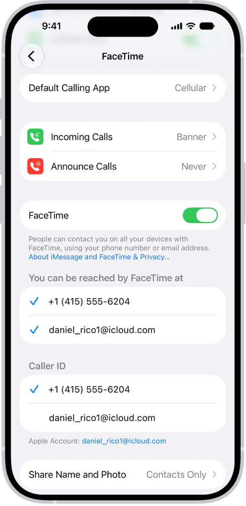 The FaceTime Settings screen, showing the Default Calling App option, the control to turn FaceTime on or off, and the phone number and email address where you can be reached.