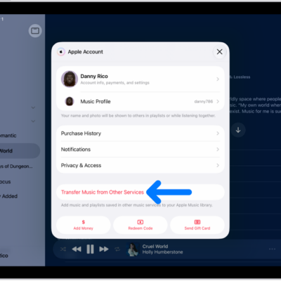 The Transfer Music from Other Services button on the Apple Account screen in Apple Music.