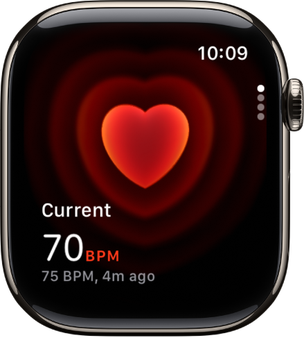 A Heart Rate screen, with your current heart rate showing in the bottom left, and your last reading in smaller type below that.