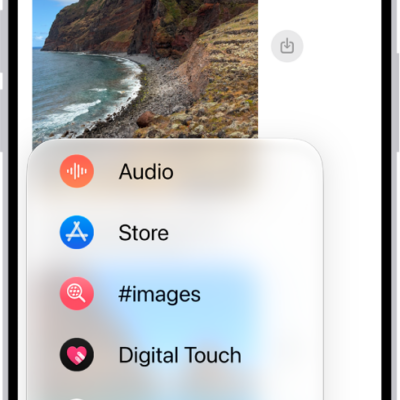 The Add menu in Messages on iPhone, showing iMessage options like audio messaging, Check In, Digital Touch, location sharing, and Memoji.