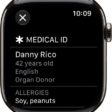 The Medical ID screen showing the person's name, age, language, organ donor status, and emergency contacts.