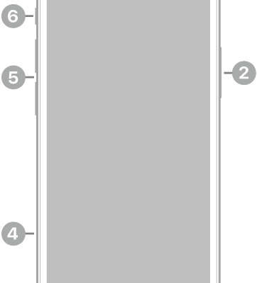 The front view of iPhone 12 mini. The front camera is at the top center. The side button is on the right side. The Lightning connector is on the bottom. On the left side, from bottom to top, are the SIM tray, the volume buttons, and the Ring/Silent switch.