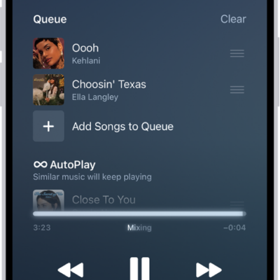 The Now Playing screen showing the queue with AutoPlay and AutoMix turned on. Similar songs appear below the songs in the queue.