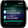 A screen in the Cycle Tracking app showing a pregnancy summary, with a gestational age and due date at the center of the screen.