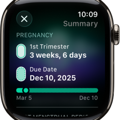A screen in the Cycle Tracking app showing a pregnancy summary, with a gestational age and due date at the center of the screen.