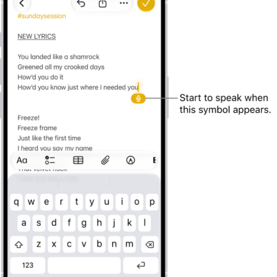 The onscreen keyboard is open in the Mail app. The Dictation button in the bottom-right corner of the screen is selected and the Dictation button appears below the insertion point in the text field.