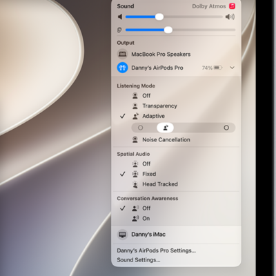 The AirPods icon is selected on the right side of the menu bar on Mac. For AirPods Pro, Adaptive is selected below Listening Mode and Conversation Awareness is Off.