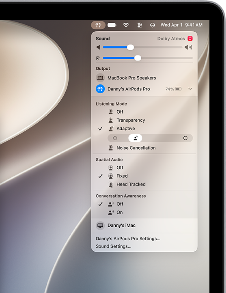 The AirPods icon is selected on the right side of the menu bar on Mac. For AirPods Pro, Adaptive is selected below Listening Mode and Conversation Awareness is Off.