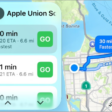 CarPlay showing Maps, Music, and Calendar in the Sidebar. On the right is a map showing two different navigation routes to get from point A to point B.