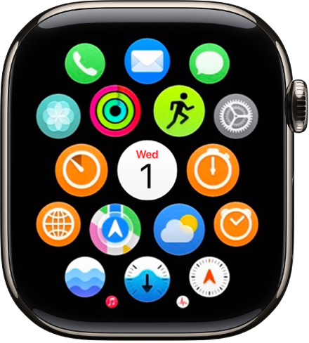 The Arrangement screen in the Apple Watch app showing a grid of icons.