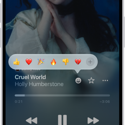 The Now Playing screen with the Reactions button showing several emoji and an Add button that you can click to find more emoji.