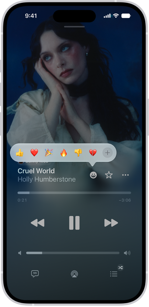 The Now Playing screen with the Reactions button showing several emoji and an Add button that you can click to find more emoji.