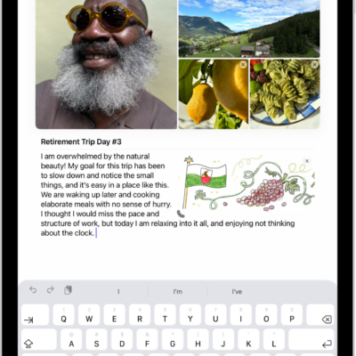 A screen in the Journal app showing photos and an entry in progress.