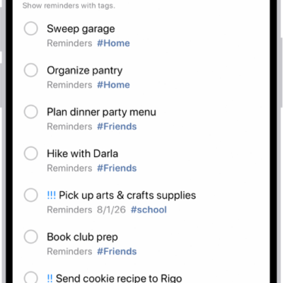A list of tagged reminders in the Reminders app. Buttons along the top show additional tags that you can apply.