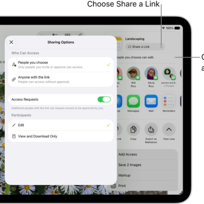 A collaboration invitation to a brainstorm in Notes, showing Share a Link for the share option and "People you choose can edit" as the access and permission setting. Four possible recipients, including a group, form a row below that. The next row offers different ways to share the note: AirDrop, Messages, Mail, and Reminders. The last row contains buttons to copy, export, and save the note.