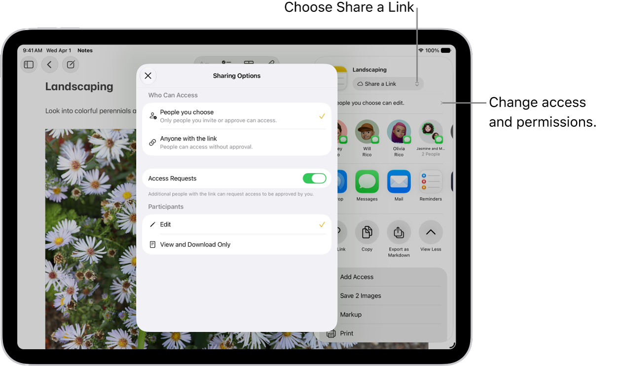A collaboration invitation to a brainstorm in Notes, showing Share a Link for the share option and “People you choose can edit” as the access and permission setting. Four possible recipients, including a group, form a row below that. The next row offers different ways to share the note: AirDrop, Messages, Mail, and Reminders. The last row contains buttons to copy, export, and save the note.