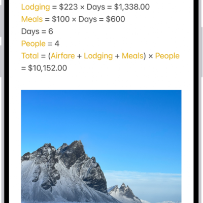 A note for planning a trip, with a calculation of the travel expenses and a photo.
