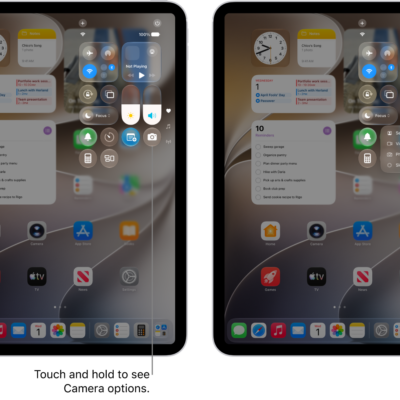 The iPad Control Center. Controls for Airplane Mode, cellular data, Wi-Fi, and Bluetooth are in the top-left group in Control Center for Wi-Fi + Cellular iPad models. The Camera control is at the bottom right of Control Center. The screen on the right shows the quick menu of options that appear when you touch and hold the Camera control.