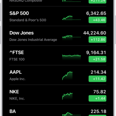 A watchlist in the Stocks app showing a list of different stocks. Each stock in the list displays, from left to right, the stock symbol and name, a performance chart, the stock price, and price change. At the top right is the search button. At the bottom of the screen is Business News.