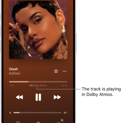 The Now Playing screen showing the Dolby Atmos icon for the track that's playing.