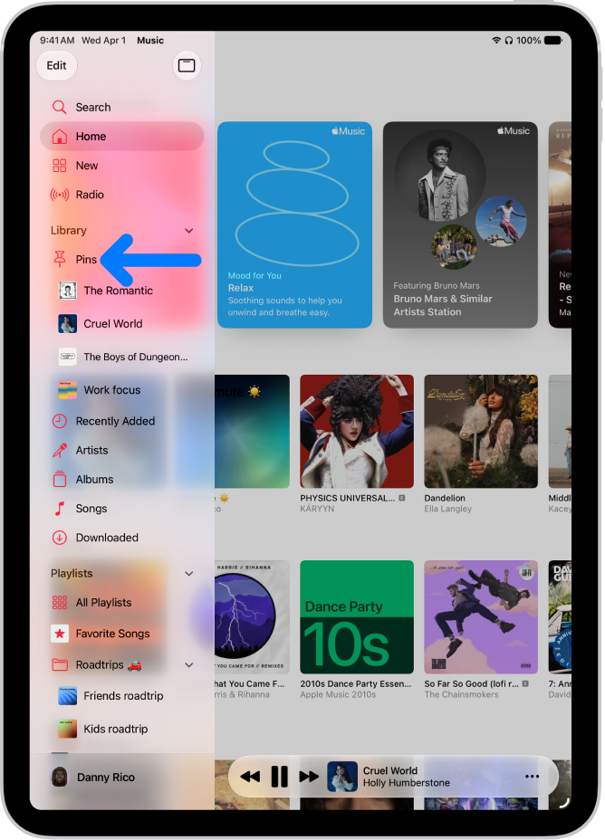 The sidebar on the left with an arrow pointing out pinned items, such as an album and a playlist, with albums appearing on the right. The MiniPlayer is at the bottom.
