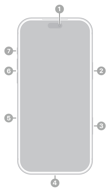 The front view of iPhone 18 Pro Max. The front camera is at the top center. The side button is on the right side. The USB-C connector is on the bottom. On the left side, from bottom to top, are the SIM tray, the volume buttons, and the Action button.