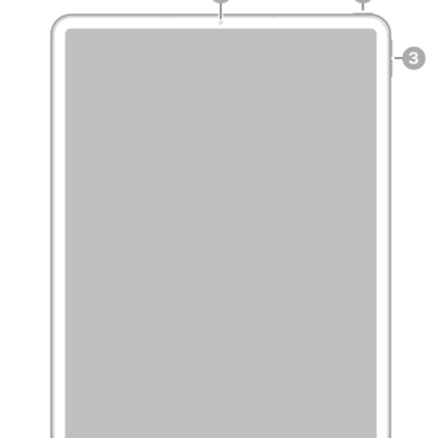 The front view of iPad Pro with callouts to the front camera at the top center, the top button at the top right, and the volume buttons on the right.