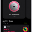 The Fitness Sharing screen, with activity rings and activity highlights shared between a person and their friends.