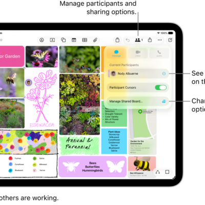 A shared Freeform board on iPad with the collaboration menu open and the location other participants on the board marked with color tick marks.