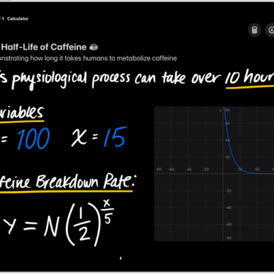 A Math Note open in Calculator, with a declared variable, an equation, and a graph.