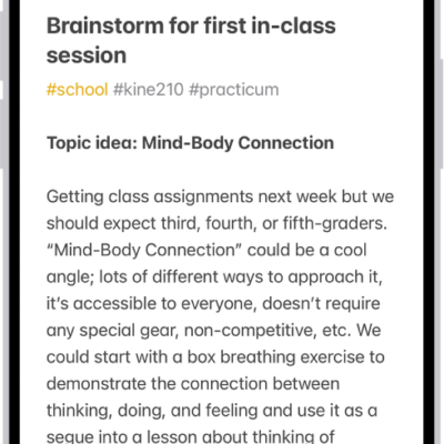 A note for a class brainstorm with tags such as #school and #kine210. The note features a hand-drawn diagram of a box breathing exercise, which illustrates a four-step breathing cycle.