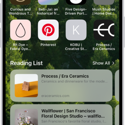 The start page in Safari, which shows favorite websites, the Privacy Report, and websites saved to the Reading List.
