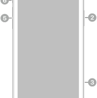 The front view of iPhone 11. The front camera is at the top center. On the right side, from top to bottom, are the side button and the SIM tray. The Lightning connector is on the bottom. On the left side, from bottom to top, are the volume buttons and the Ring/Silent switch.