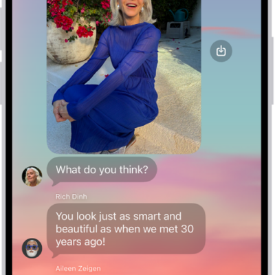 A Messages conversation with a dynamic background.