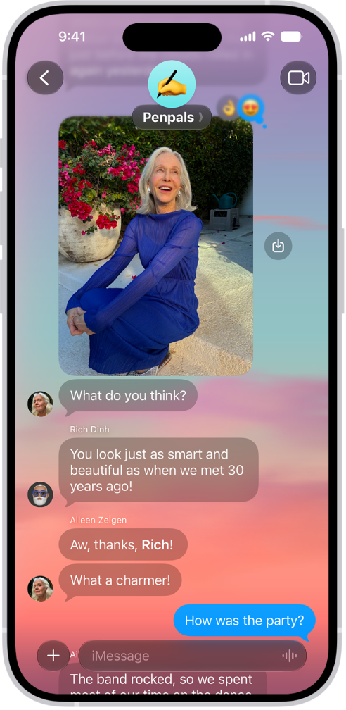A Messages conversation with a dynamic background.