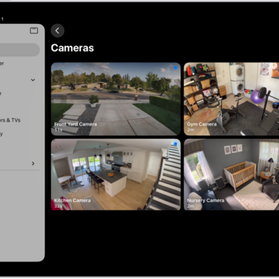 The Home app with the sidebar on the left. Home is highlighted. On the right are images from five security cameras.