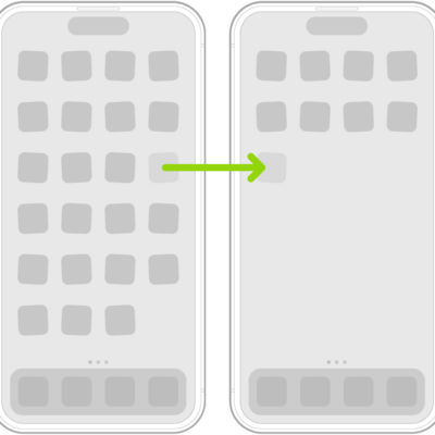 Jiggling apps on the Home Screen with an arrow showing one app being dragged to the next page.